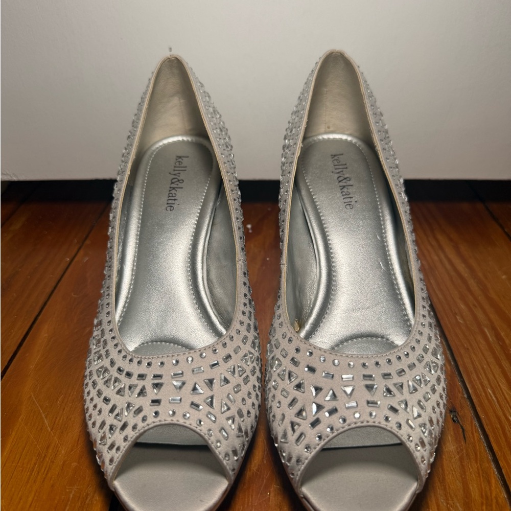 Kelly & Katie Silver Embellished Peep-Toe Flats